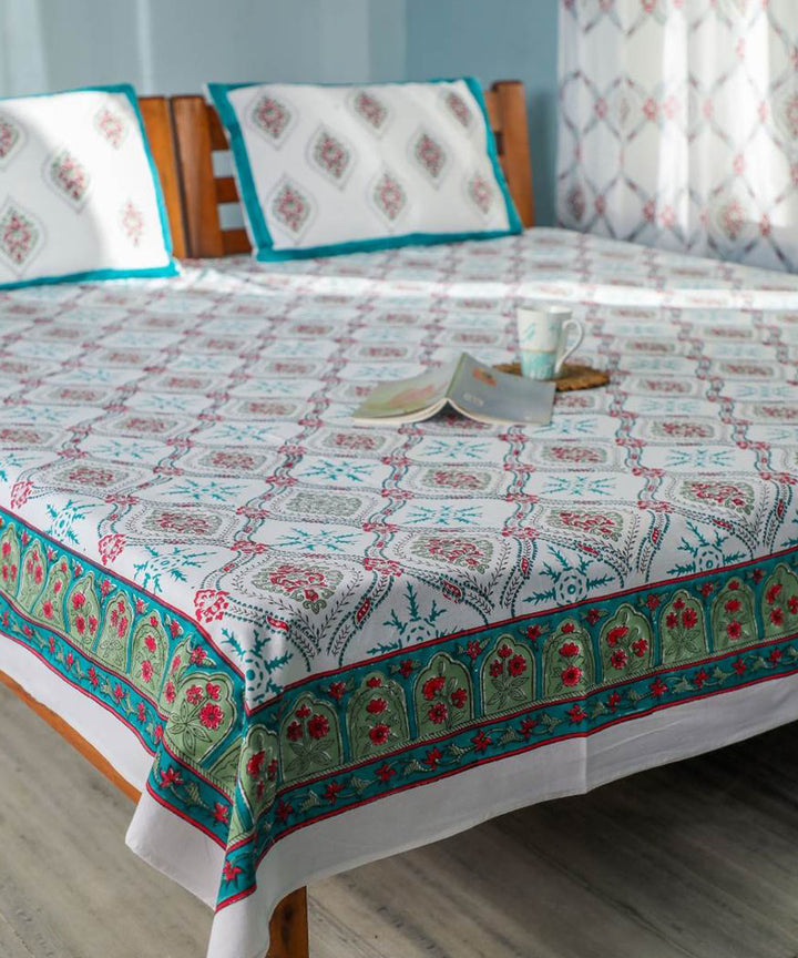 White green hand block printed sanganeri cotton double bed bedsheet