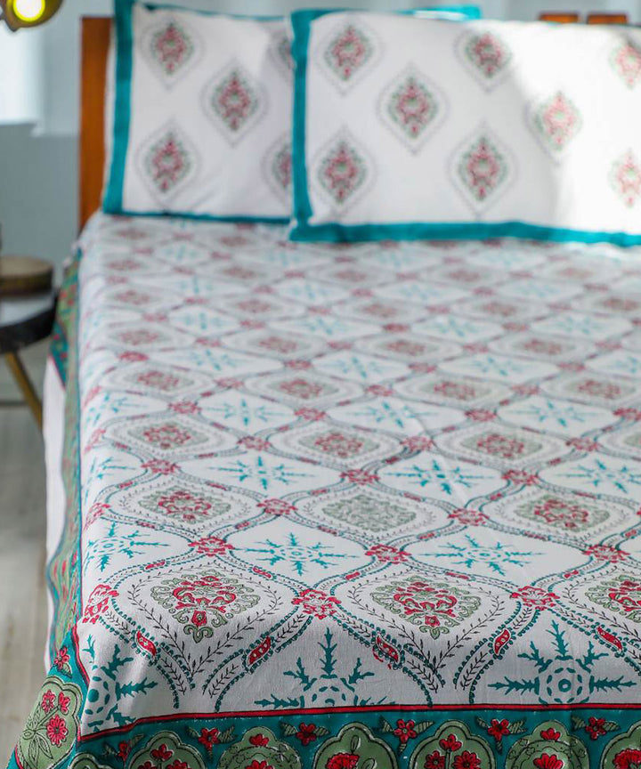 White green hand block printed sanganeri cotton double bed bedsheet