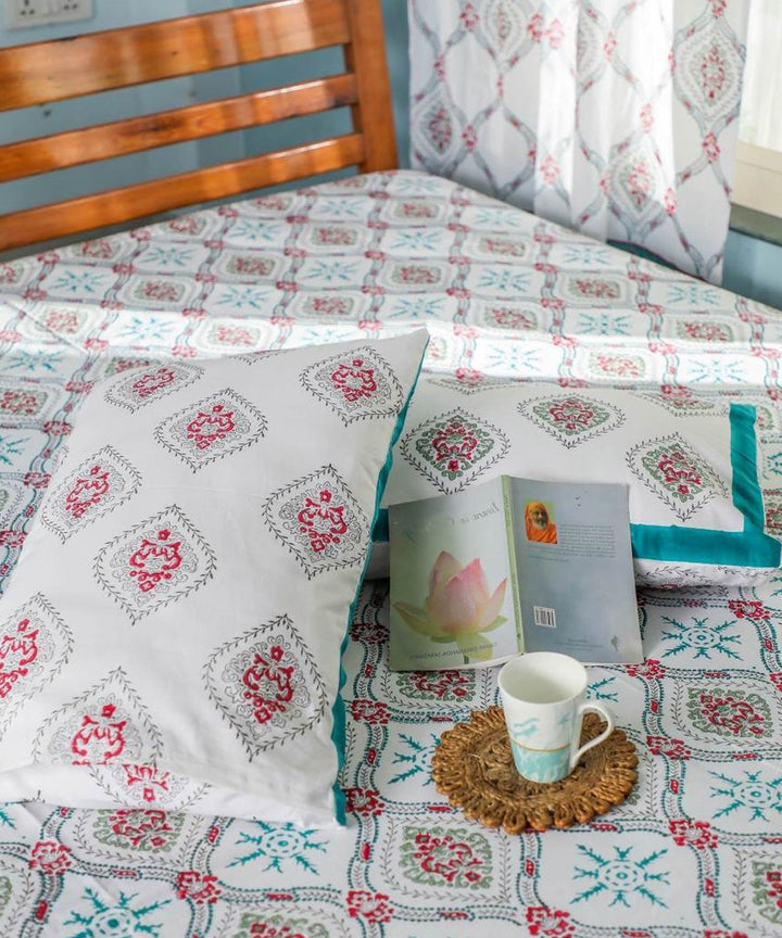 White green hand block printed sanganeri cotton double bed bedsheet