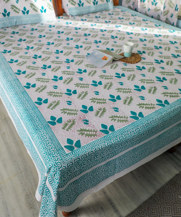 White multicolour block print cotton double bed bedsheet