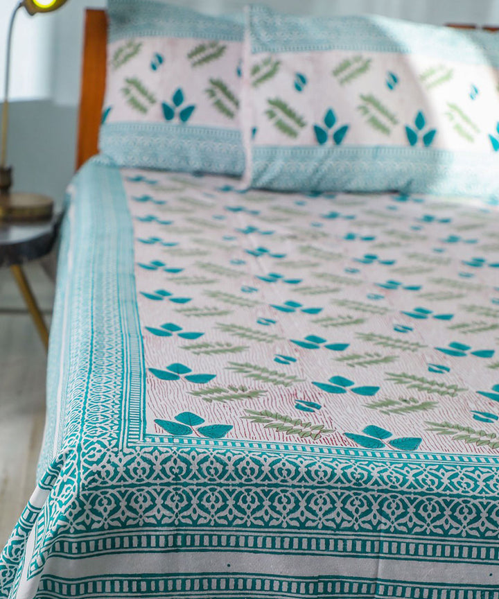 White multicolour block print cotton double bed bedsheet