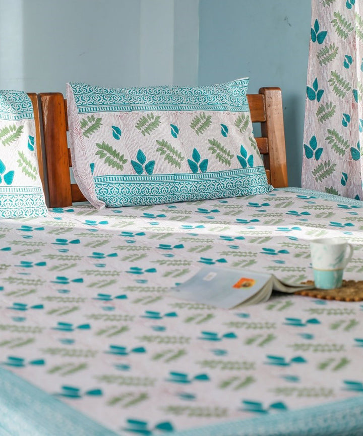 White multicolour block print cotton double bed bedsheet