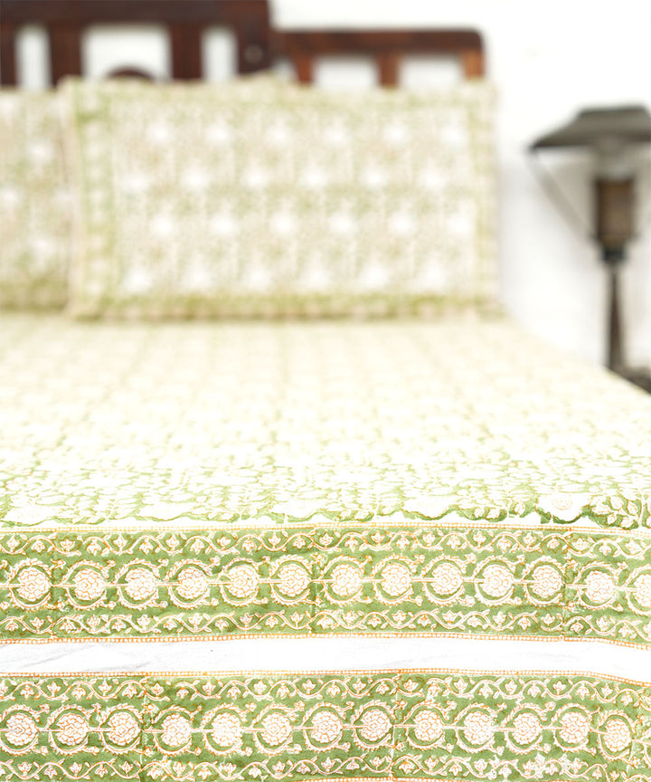 White olive hand block printed sanganeri cotton double bed bedsheet