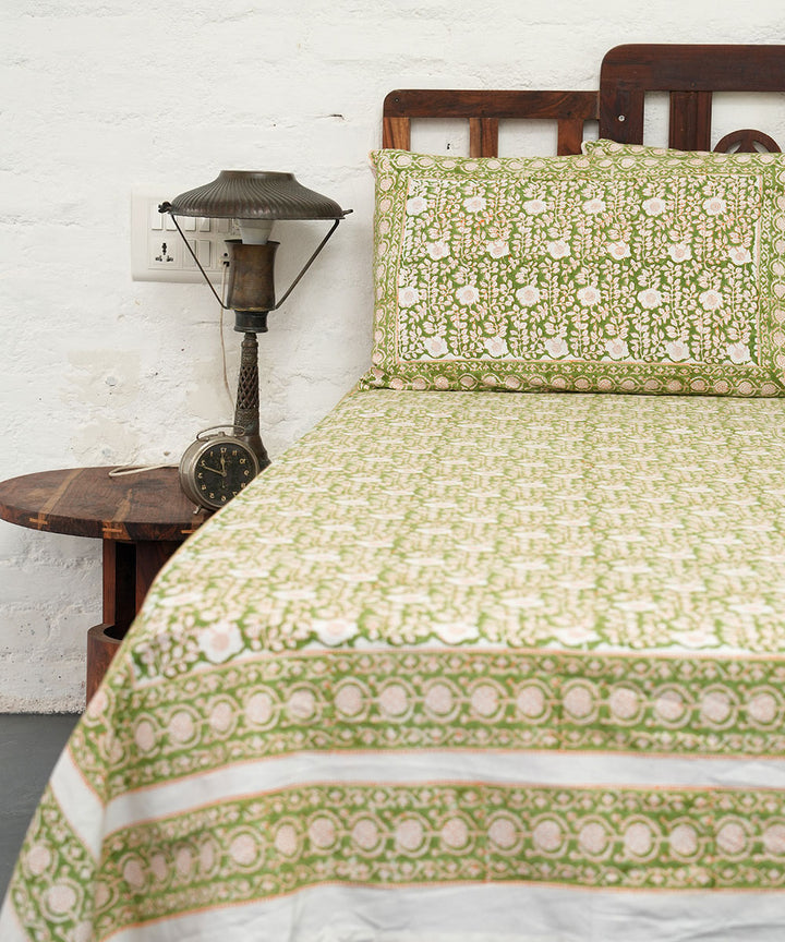 White olive hand block printed sanganeri cotton double bed bedsheet