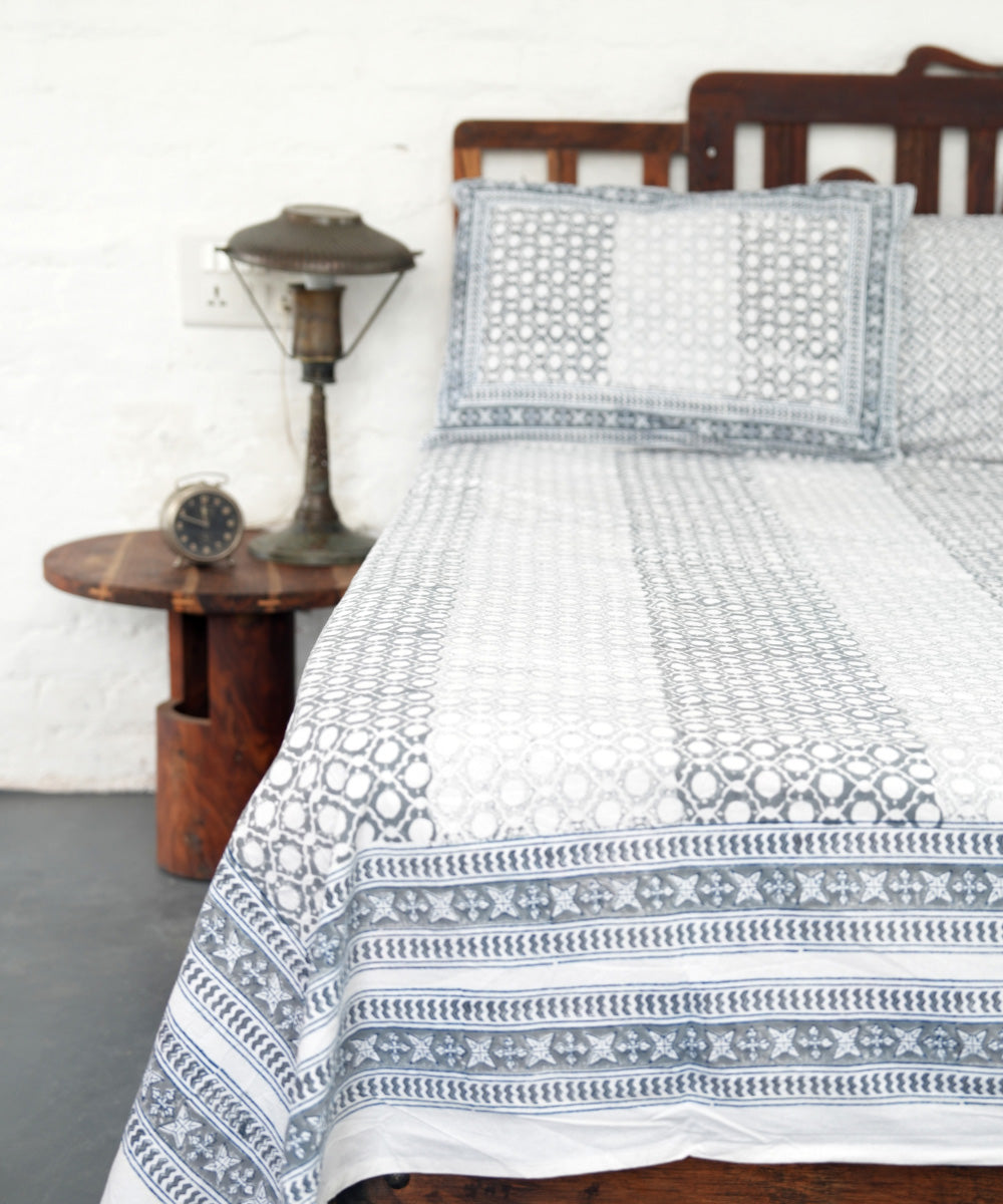 White grey striped block printed sanganeri cotton double bed bedsheet