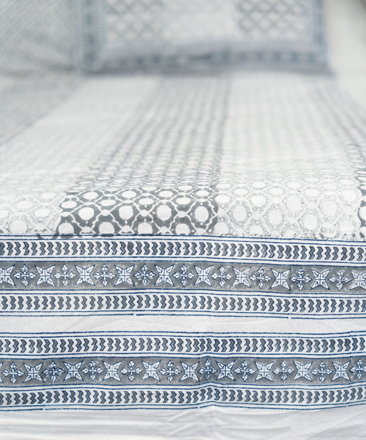 White grey striped block printed sanganeri cotton double bed bedsheet