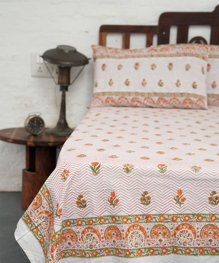 White multicolour hand block printed sanganeri cotton double bed bedsheet
