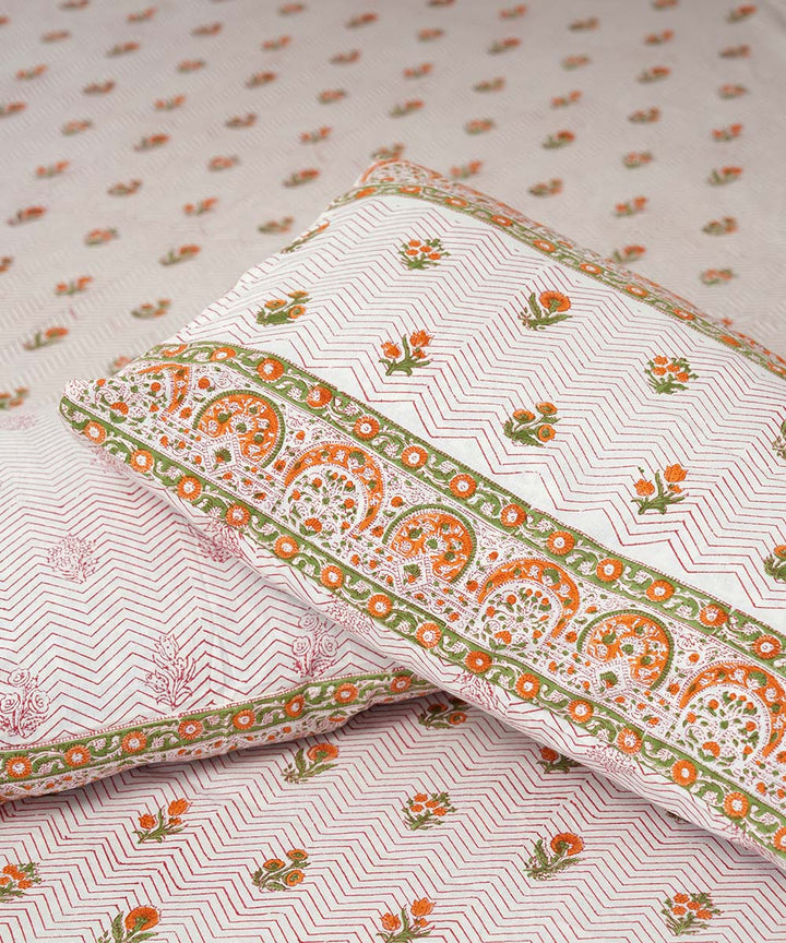 White multicolour hand block printed sanganeri cotton double bed bedsheet