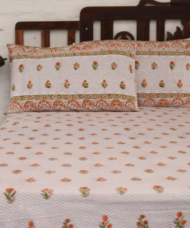White multicolour hand block printed sanganeri cotton double bed bedsheet