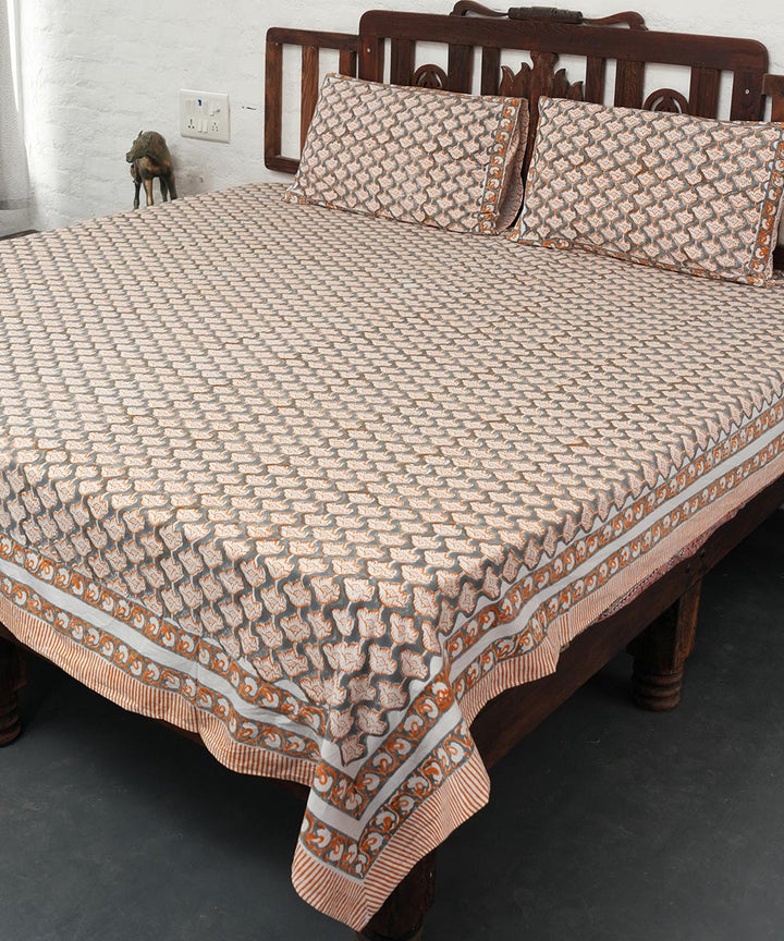 White grey hand block printed sanganeri cotton double bed bedsheet