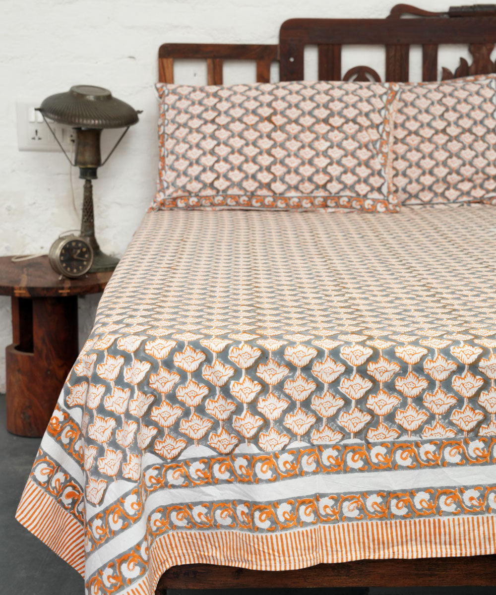 White grey hand block printed sanganeri cotton double bed bedsheet