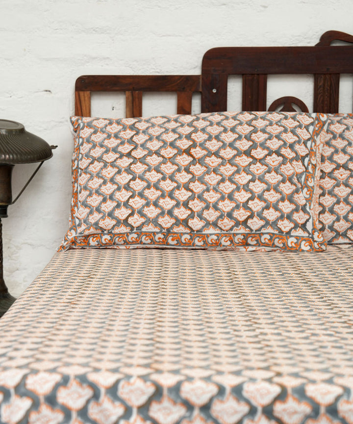 White grey hand block printed sanganeri cotton double bed bedsheet