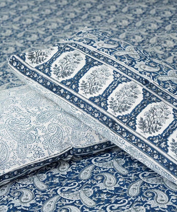 White blue block printed cotton double bed bedsheet