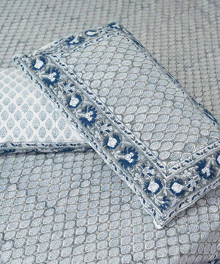 White grey block printed sanganeri cotton double bed bedsheet