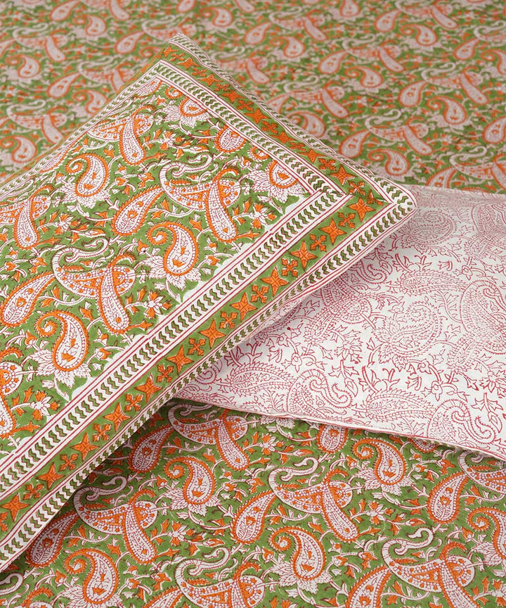 White multicolor block printed sanganeri cotton double bed bedsheet