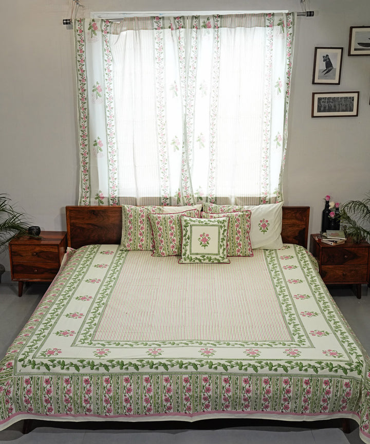 Cyan Green Cotton pink Hand block printed Sanganeri Bedsheet