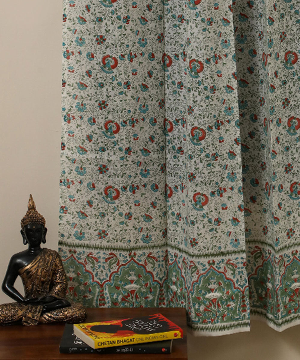 Dark green pine green hand printed sanganeri cotton window curtain