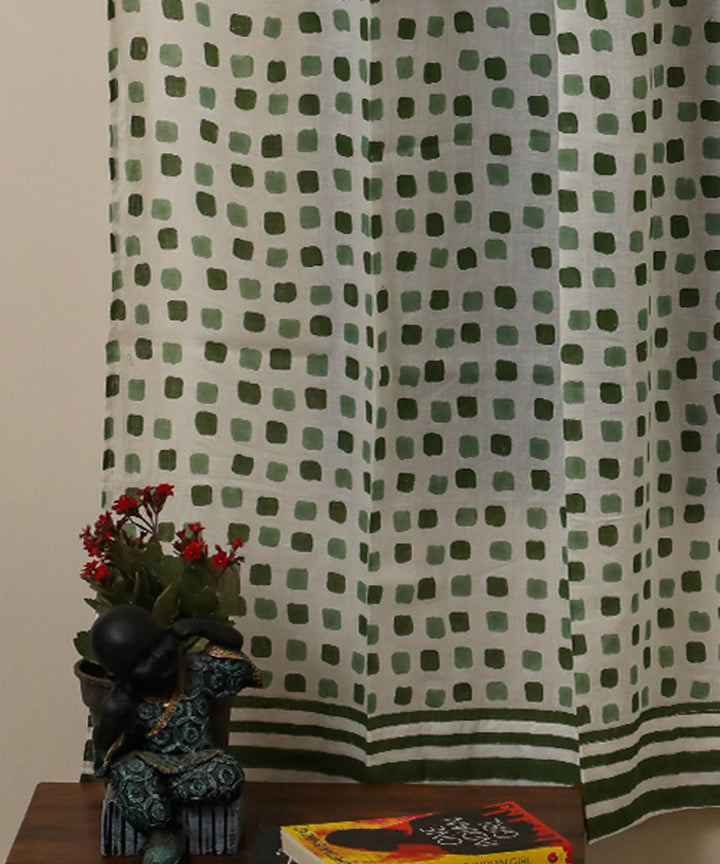 Green white Flowering Checks hand printed sanganeri cotton window curtain