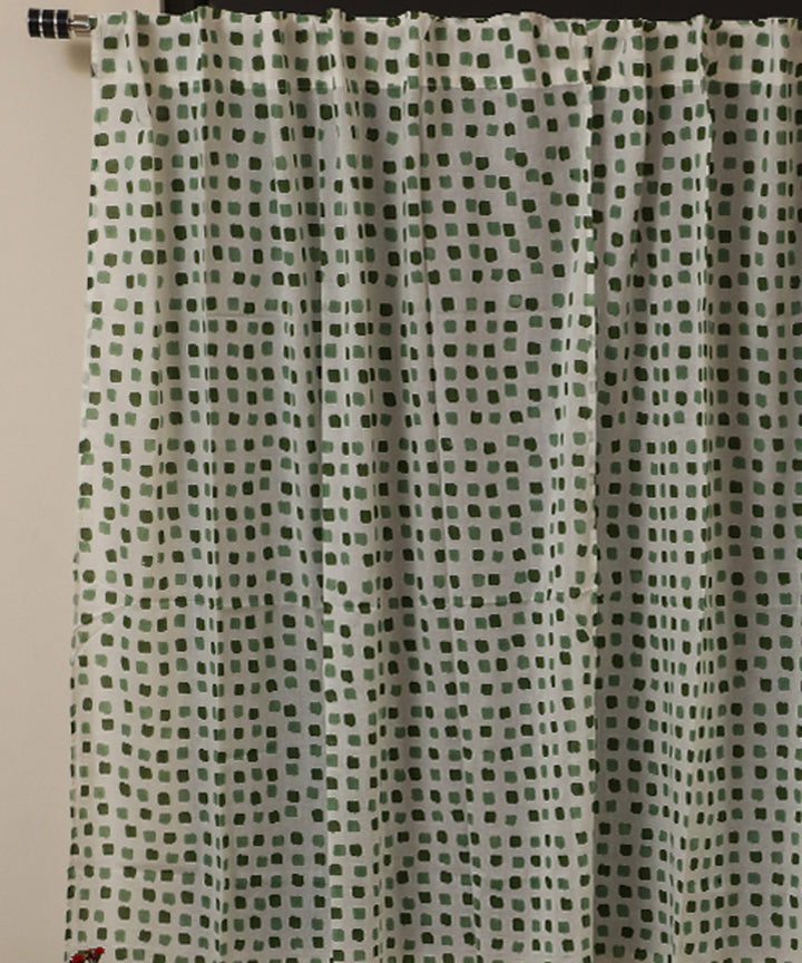 Green white Flowering Checks hand printed sanganeri cotton window curtain