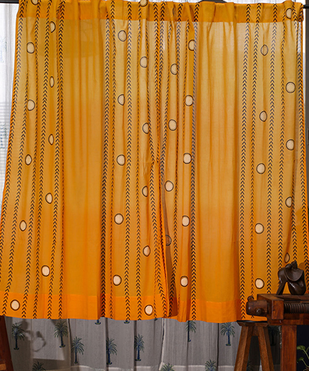 Yellow white hand printed sanganeri cotton window curtain