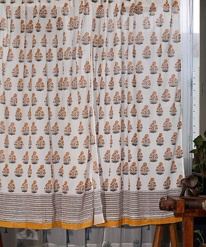 Red yellow hand printed sanganeri cotton window curtain