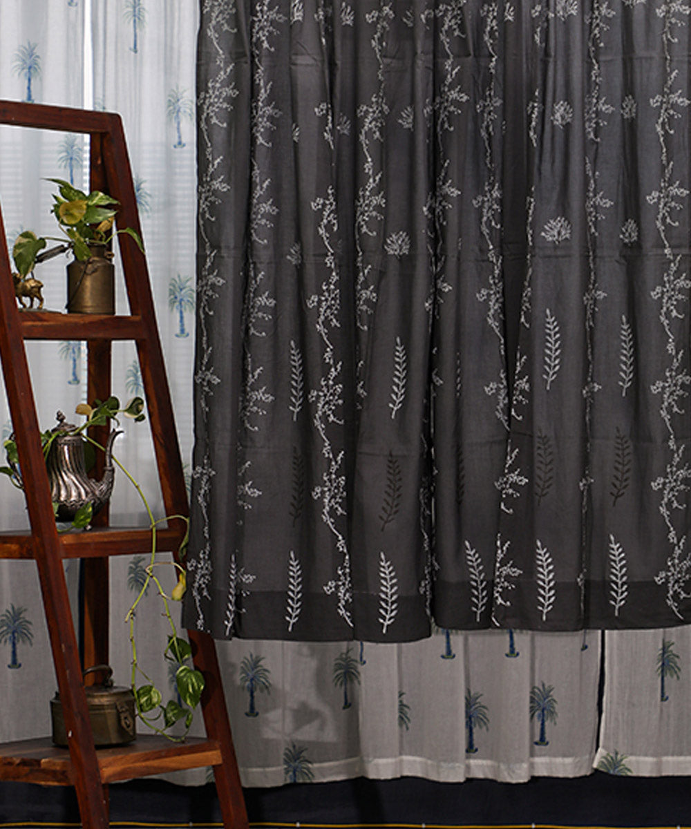 Black white hand printed sanganeri cotton window curtain