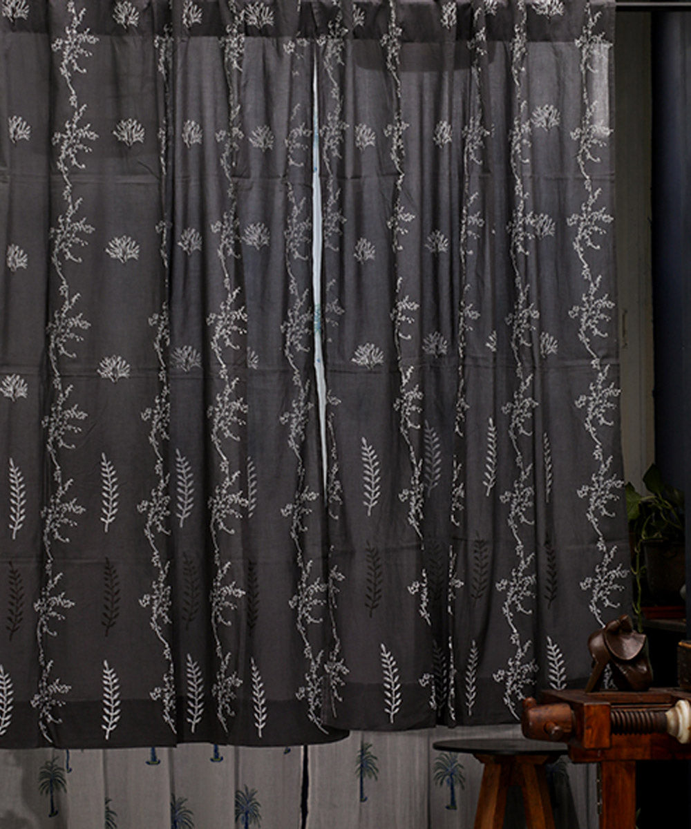 Black white hand printed sanganeri cotton window curtain
