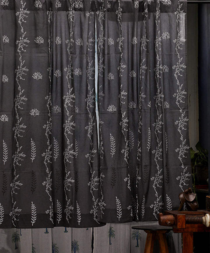 Black white hand printed sanganeri cotton window curtain