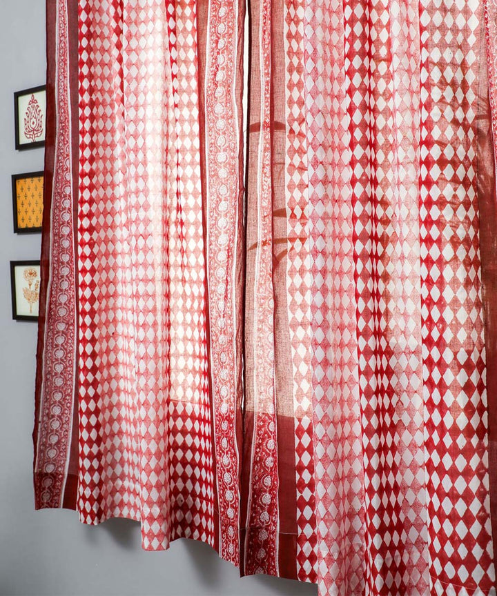 White over red hand printed sanganeri cotton window curtain