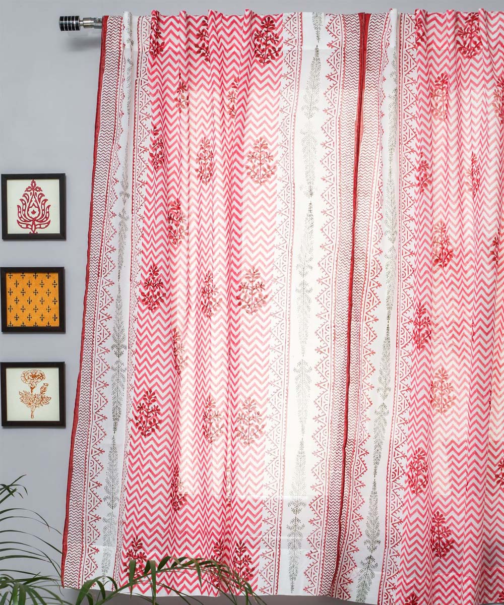 White striped on red hand printed sanganeri cotton window curtain