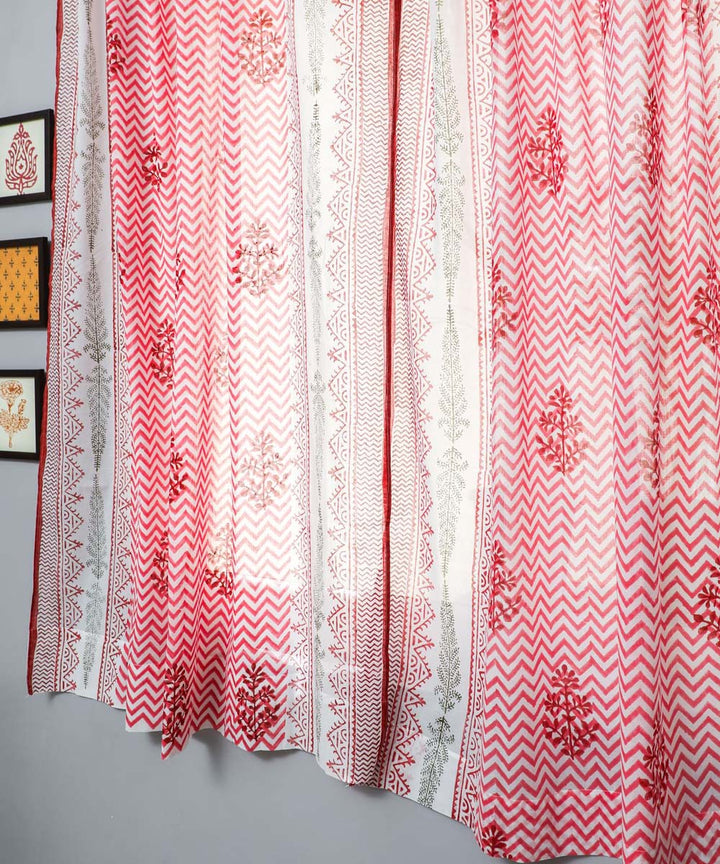 White striped on red hand printed sanganeri cotton window curtain