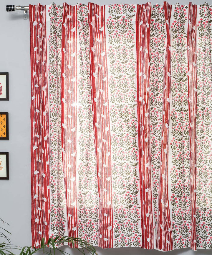 White red striped hand print sanganeri cotton window curtain