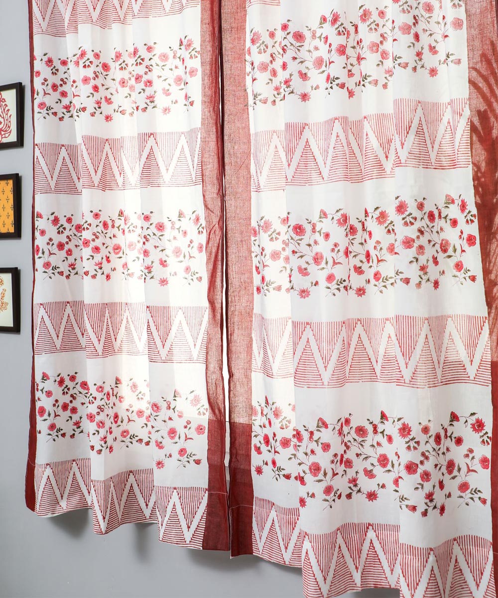 White red hand block printed sanganeri cotton window curtain