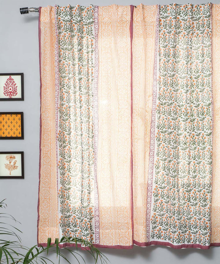 Red yellow striped hand printed sanganeri cotton window curtain