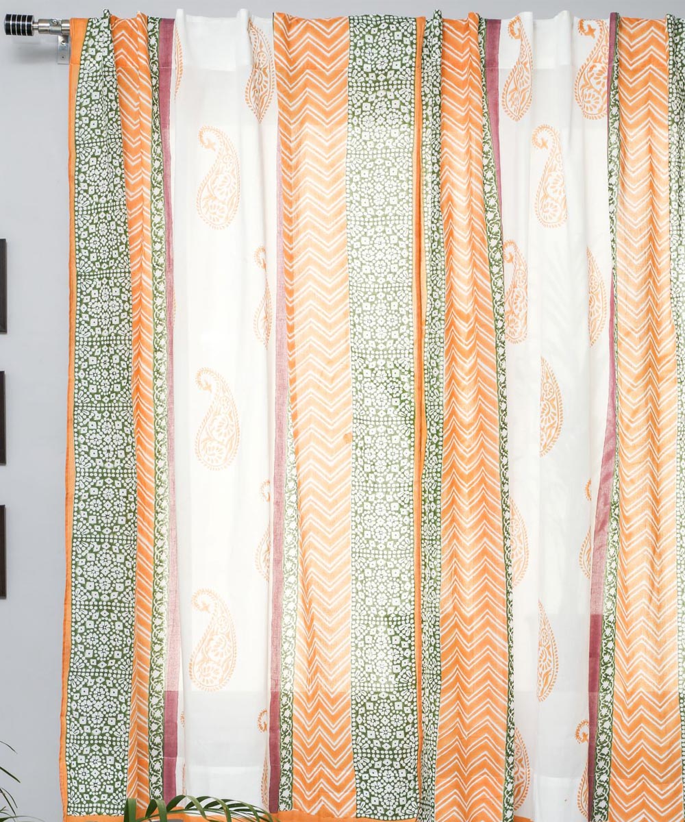 Cyan green yellow hand printed sanganeri cotton window curtain