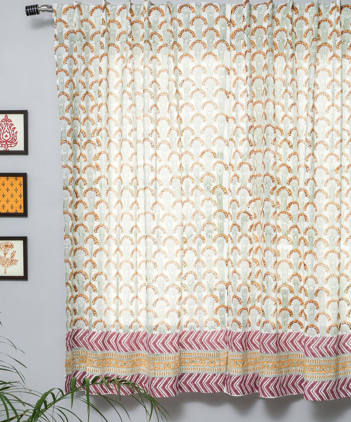 Grey yellow hand printed sanganeri cotton window curtain