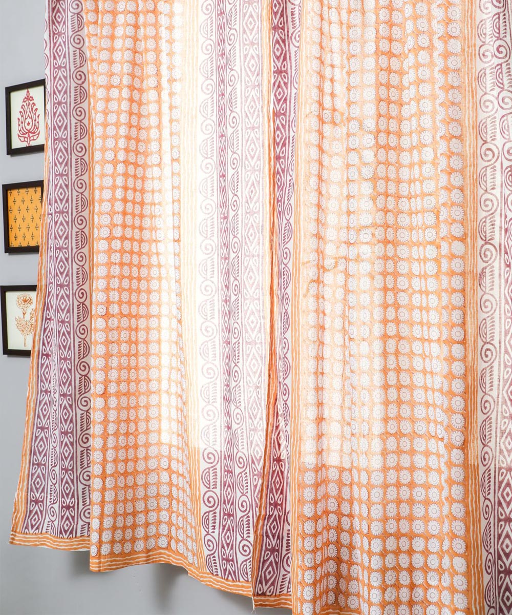 Orange yellow hand printed sanganeri cotton window curtain