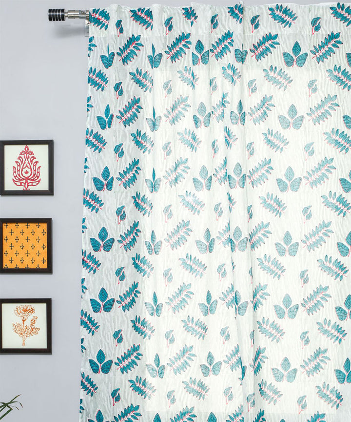 Sky blue white hand printed sanganeri cotton window curtain