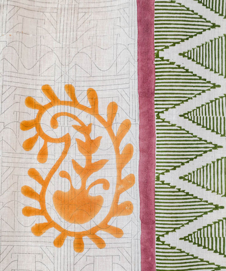 Orange green hand block printed sanganeri cotton window curtain