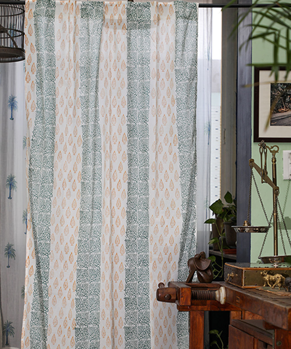 Orange green striped hand printed sanganeri cotton door curtain