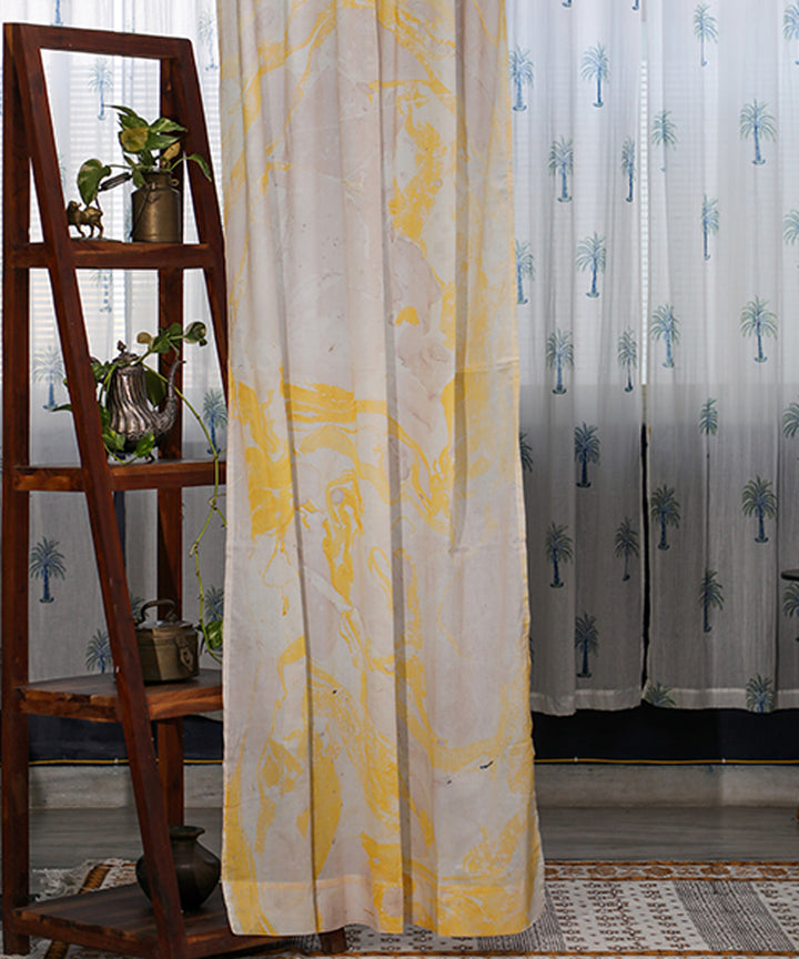 White yellow hand printed cotton door curtain