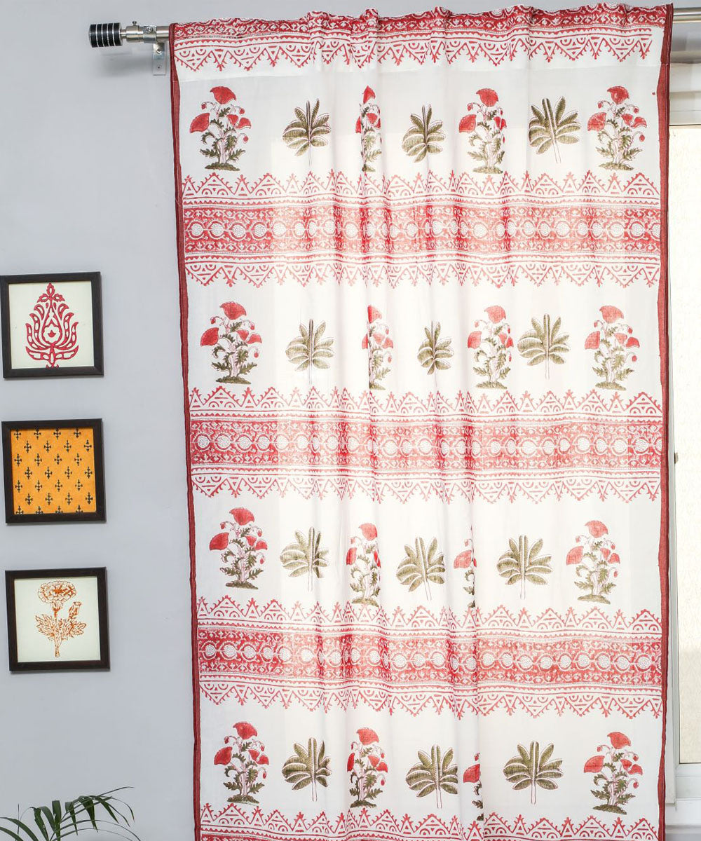 White red floral hand print sanganeri cotton door curtain