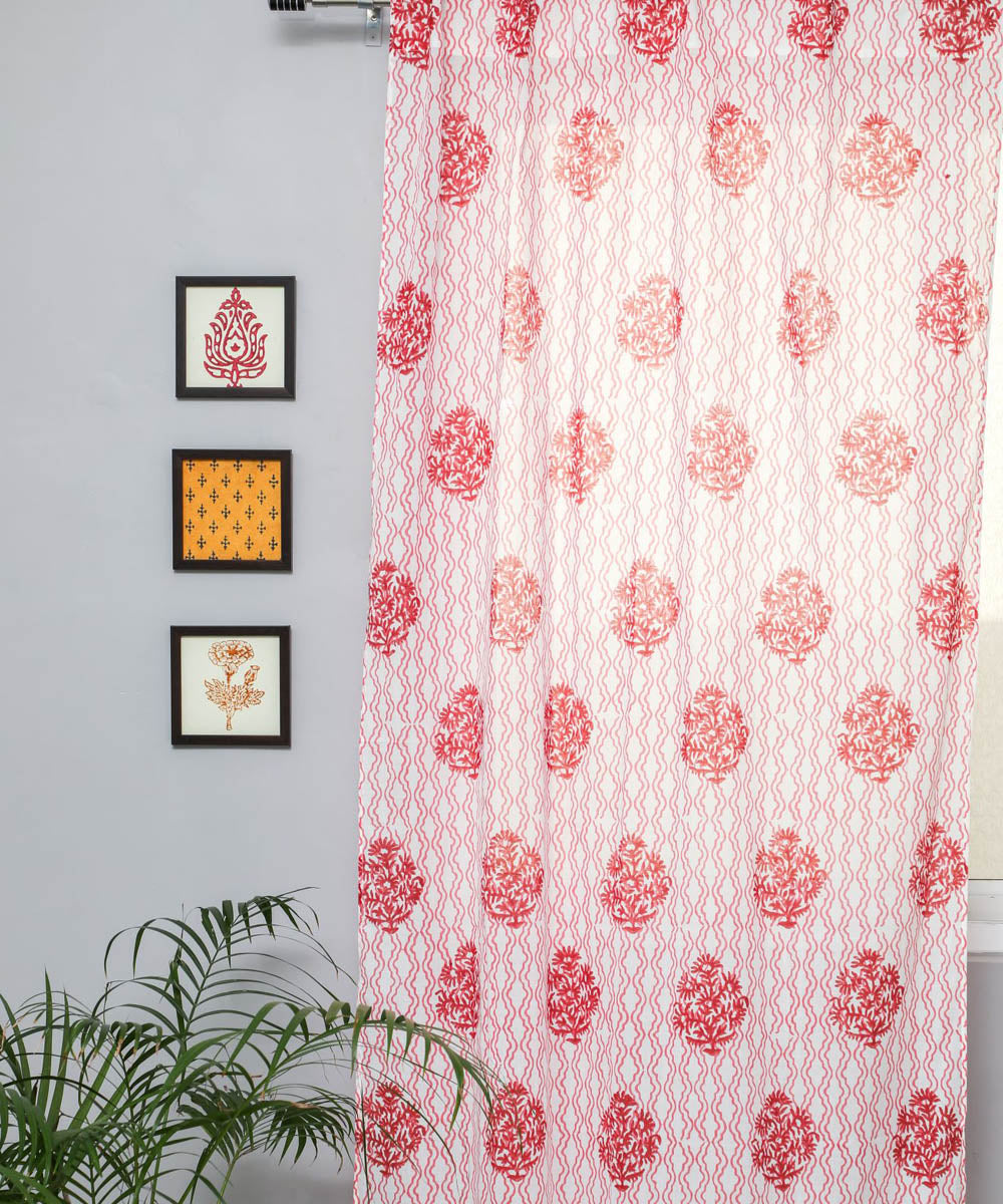 White red floral cotton hand print sanganeri door curtain