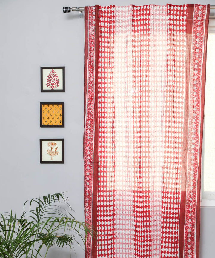 Red white striped hand printed sanganeri cotton door curtain