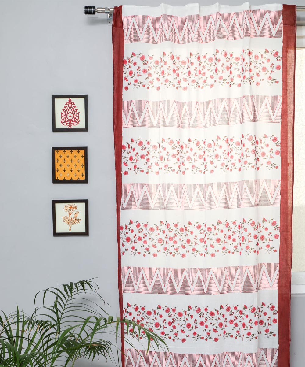 White red hand printed cotton door curtain