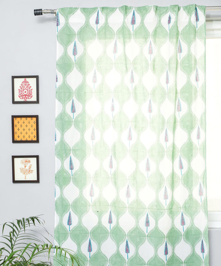 Green all over hand print sanganeri cotton door curtain