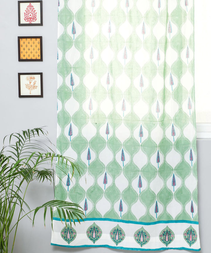 Green all over hand print sanganeri cotton door curtain