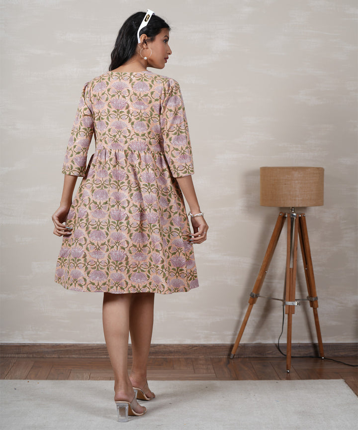 Beige lotus handblock printed cotton dress