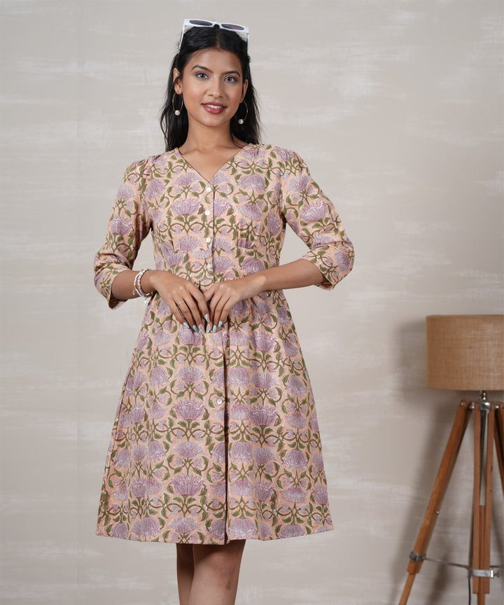 Beige lotus handblock printed cotton dress