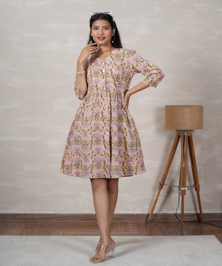 Beige lotus handblock printed cotton dress